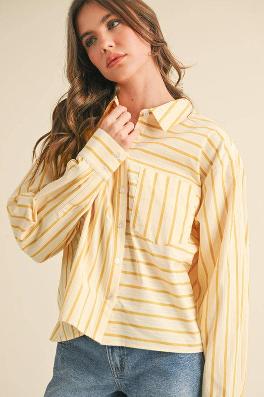 DAILY STRIPED COLLARED BUTTON DOWN TOP - CUSTARD STRIPE