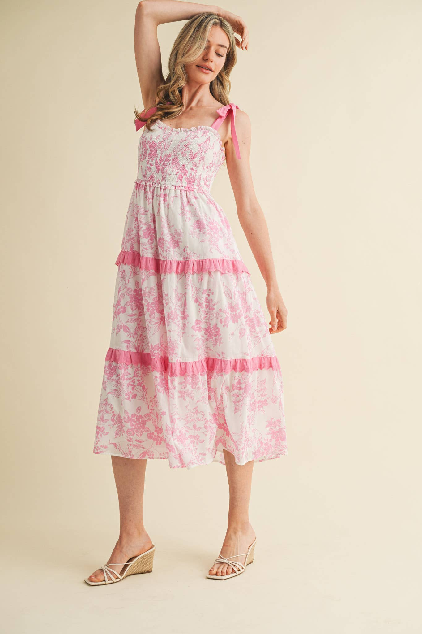 PINK FLORAL TIERED SCALLOP TRIM DRESS