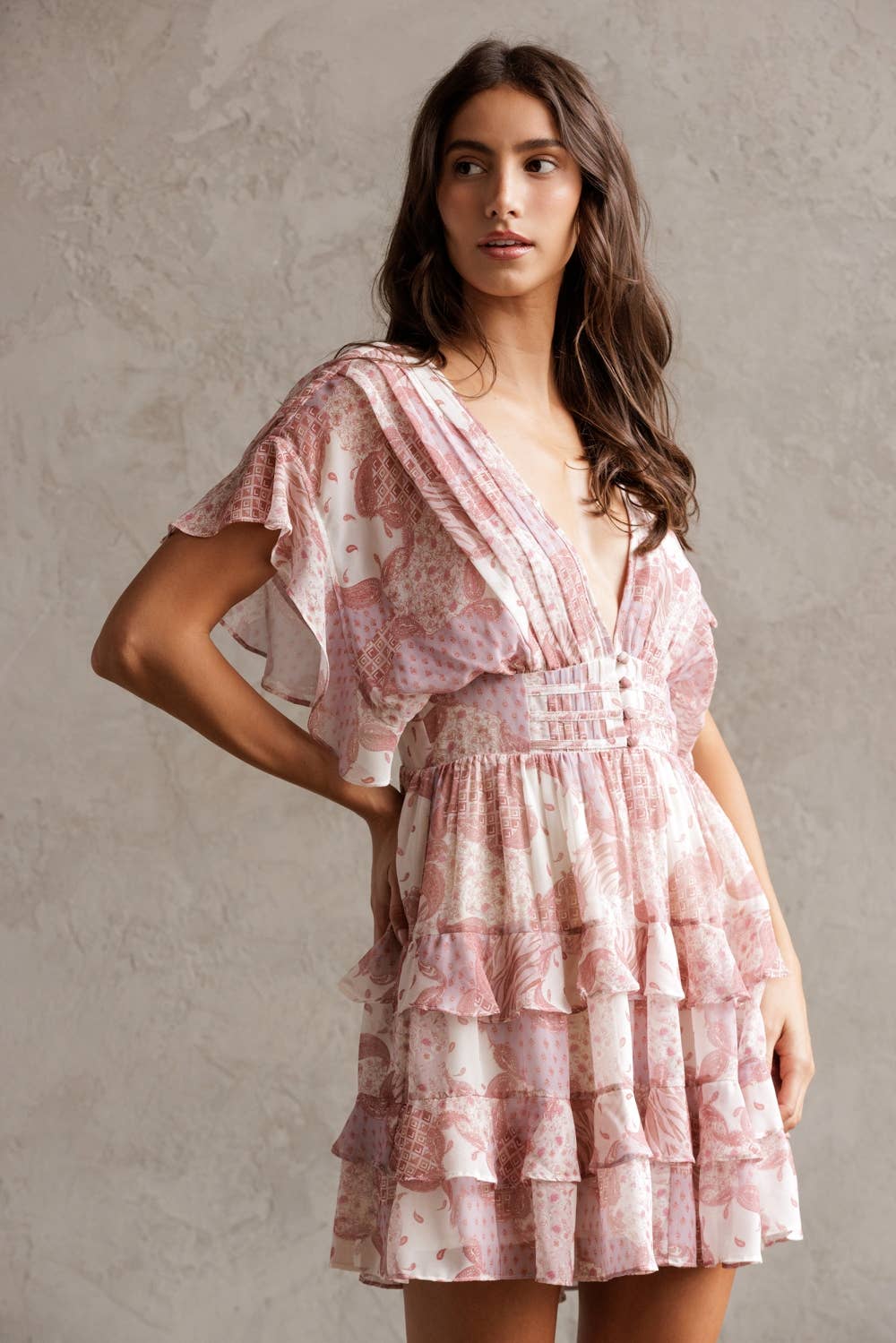 ST TROPEZ PINK FLORAL RUFFLE TIERED MINI DRESS