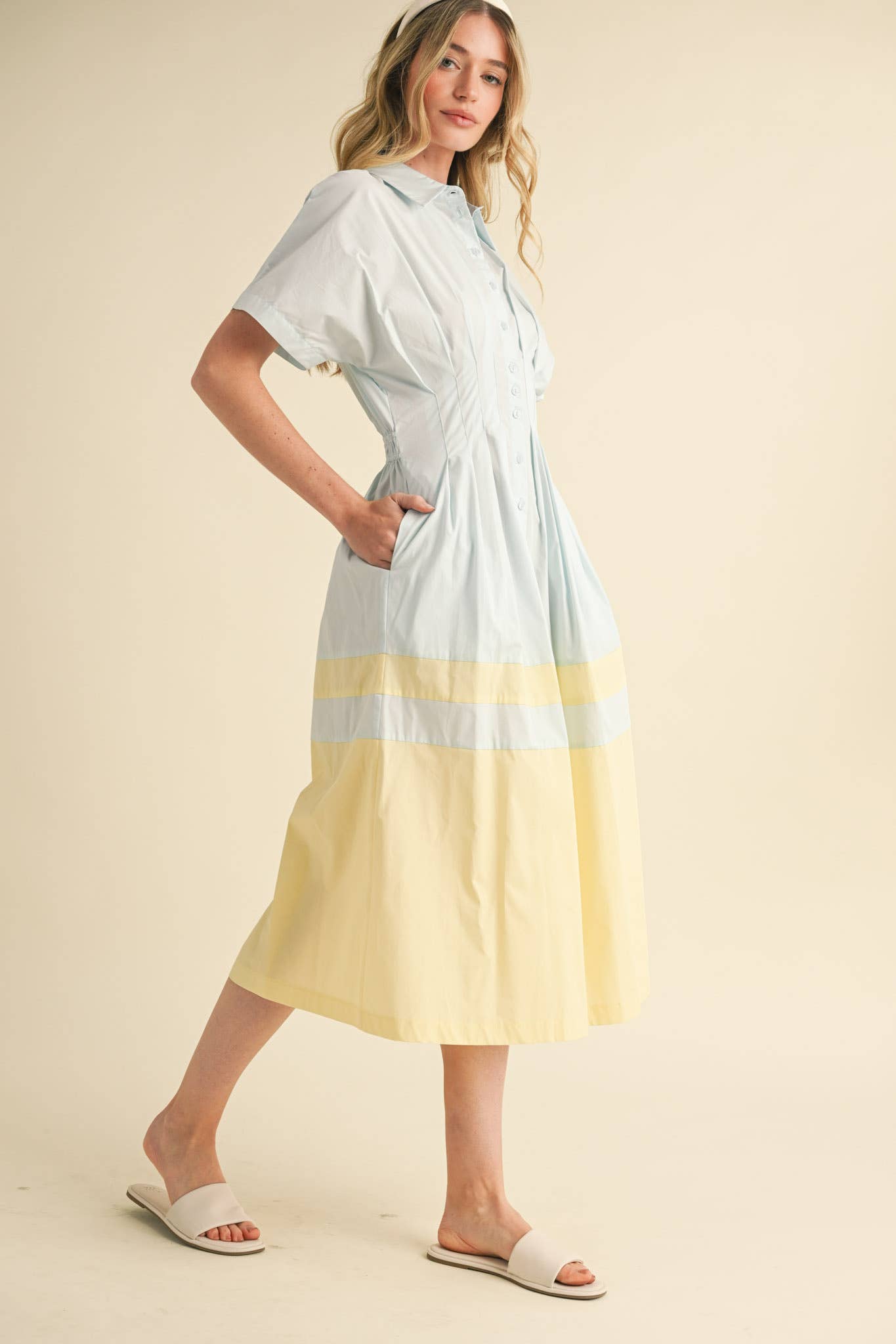 THE BEST HOSTESS BUTTON DOWN PLEATED WAIST COLOR BLOCK DRESS