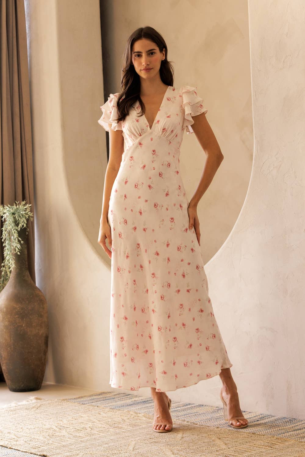 LANA FLORAL V-NECK MIDI DRESS: PINK FLORAL