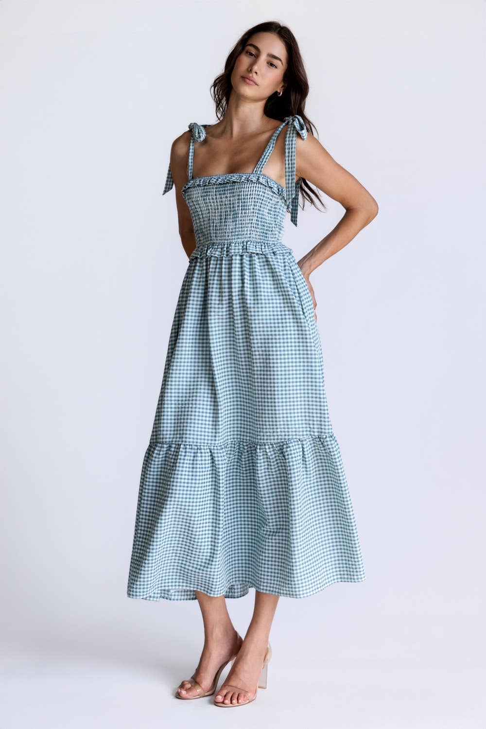 SMOCKED GINGHAM GIRL MIDI DRESS: IVORY & TEAL