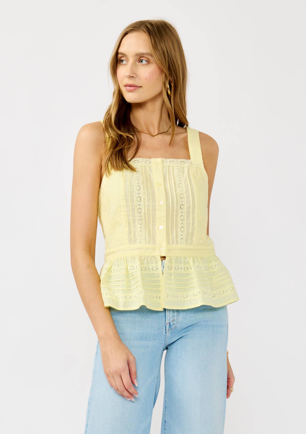 Smocked Ruffle Lace Peplum Top: Yellow