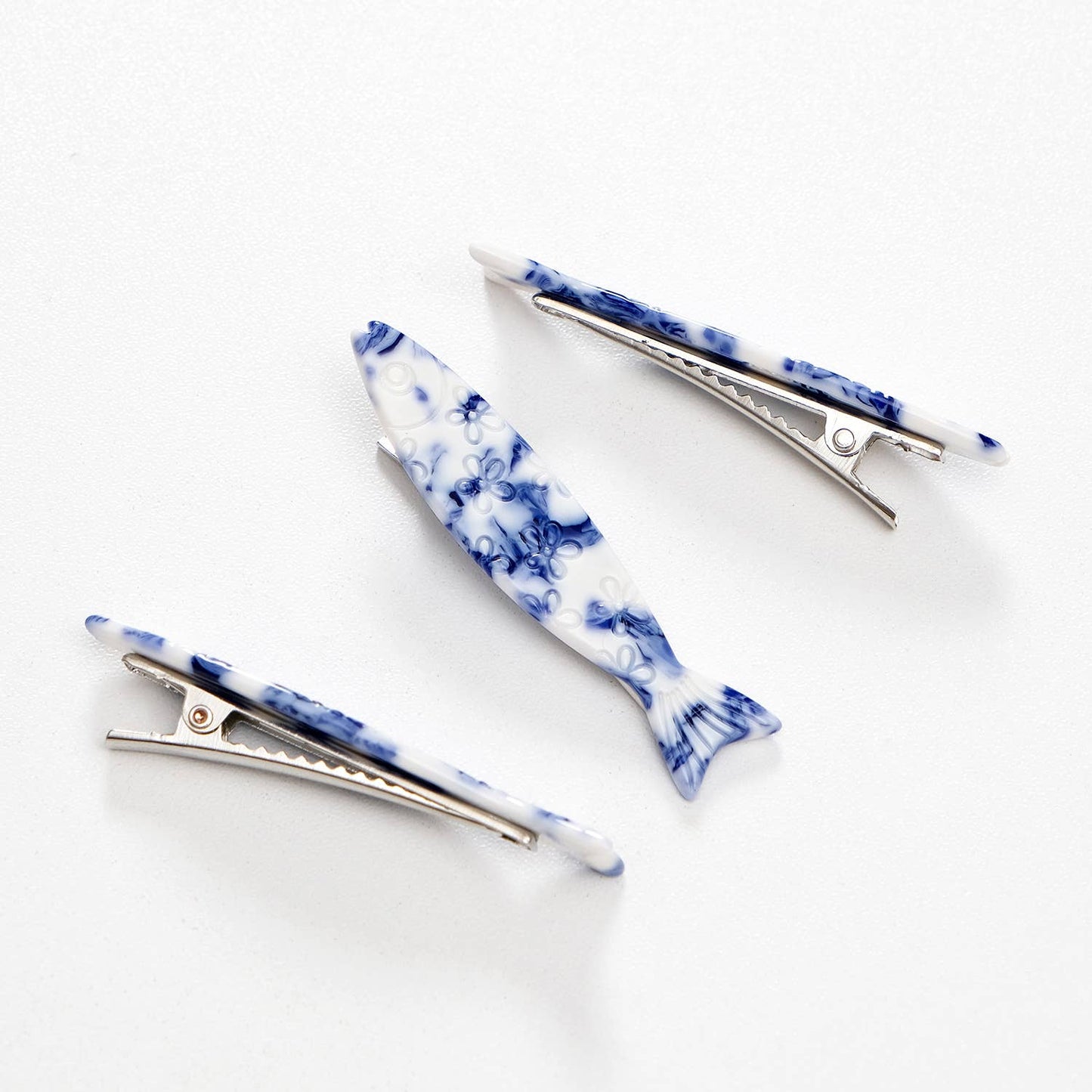 Coastal Blue Floral Sardine Fish Barrette Hair Clip - Small