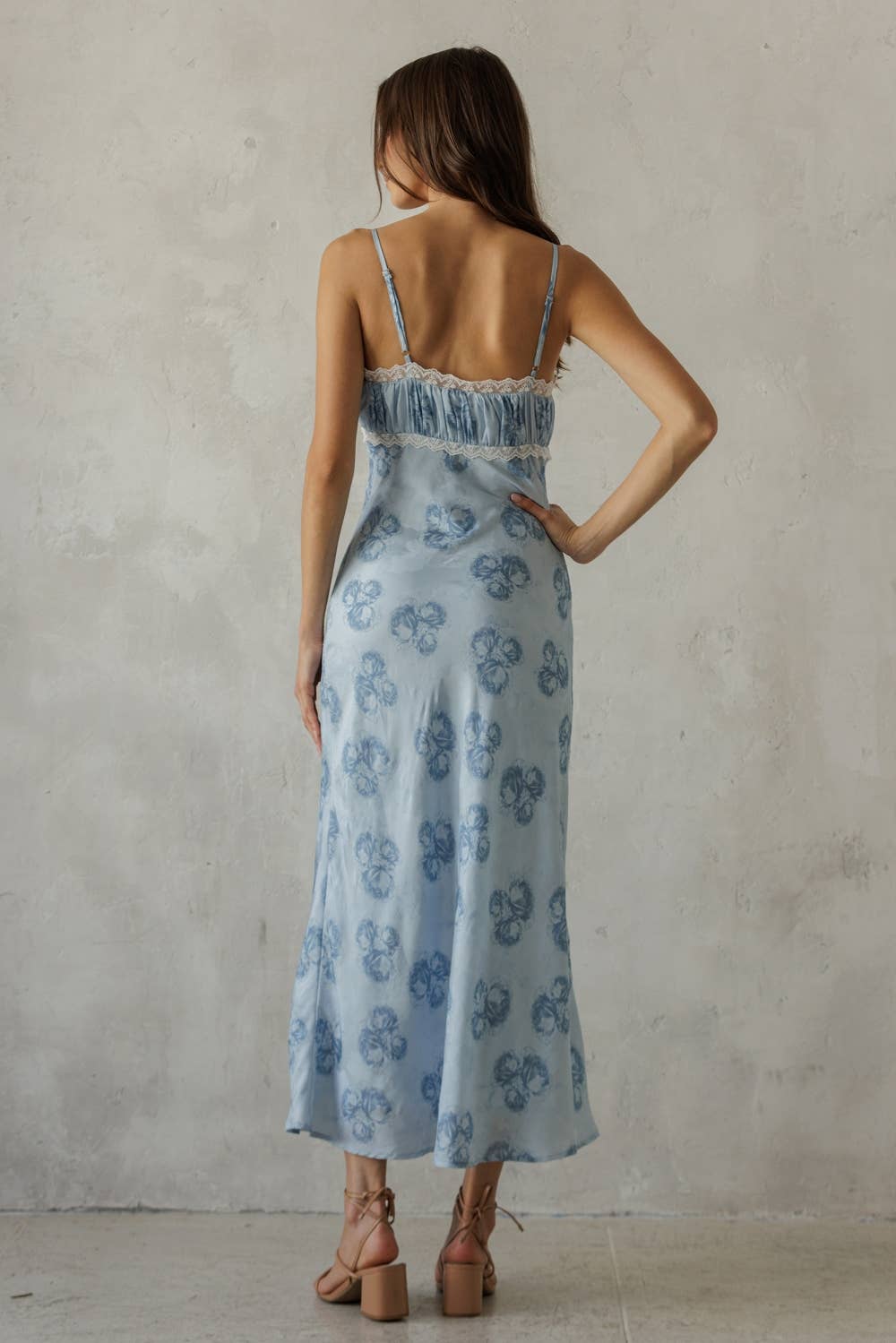 BLUE SEA FLORAL LACE TRIM MIDI DRESS