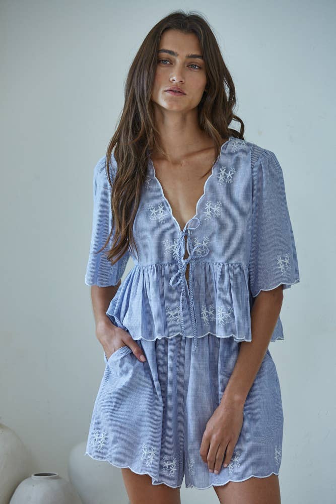 Cotton Striped Front Tie Peplum Top : Blue White