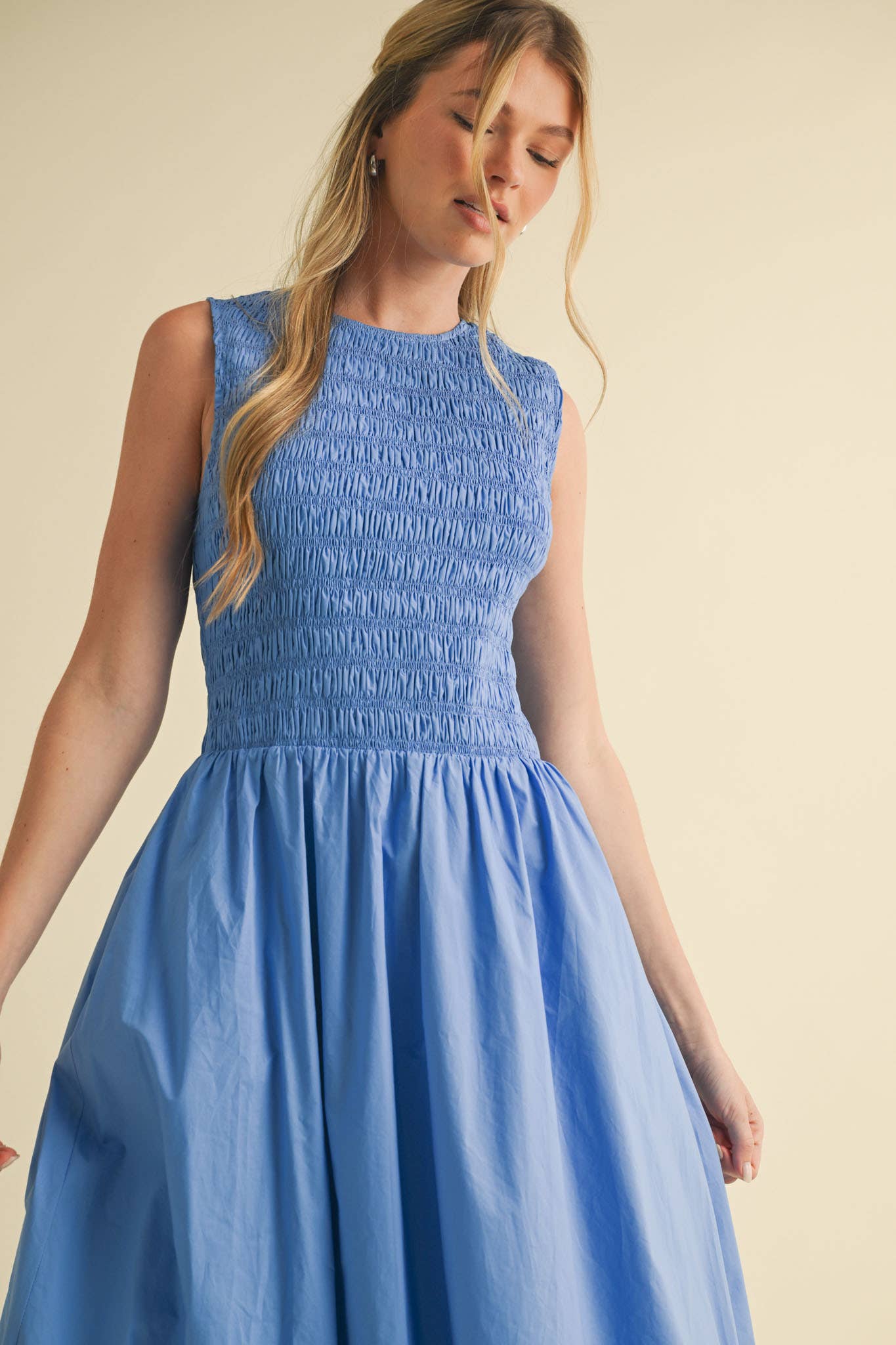 SMOCKED BUBBLE HEM MIDI DRESS MARINE BLUE