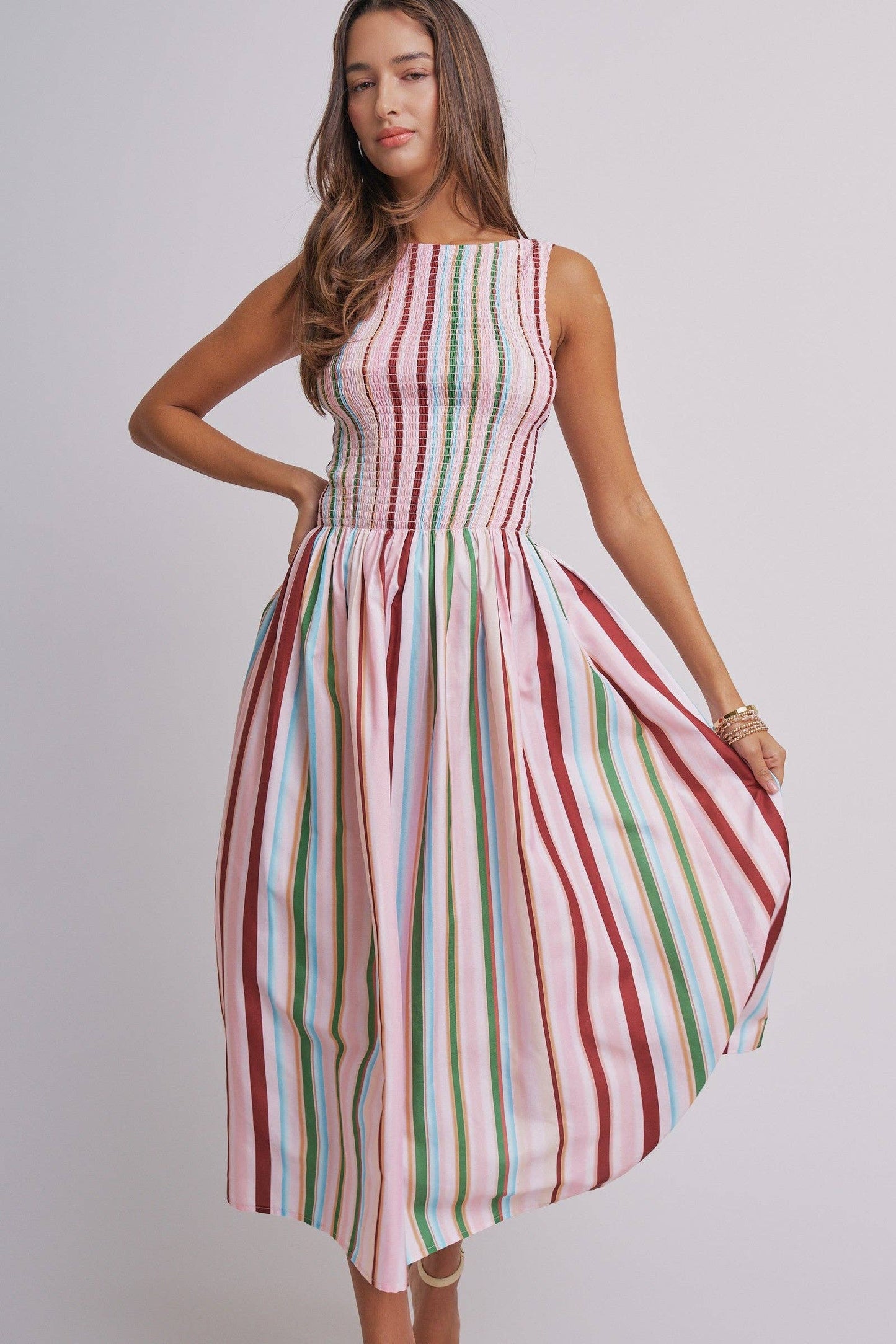 Candy Stripe Smocked Midi Dress With High Neckline: Multi / S-M-L