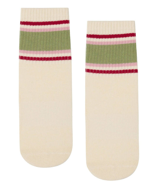 Crew Non Slip Grip Socks - Stripe Vanilla & Sage: Medium