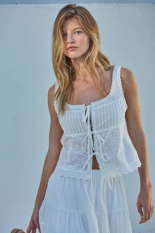 The Isabel Front Tie Woven Cotton Eyelet Square Neck Sleeveless Top - White