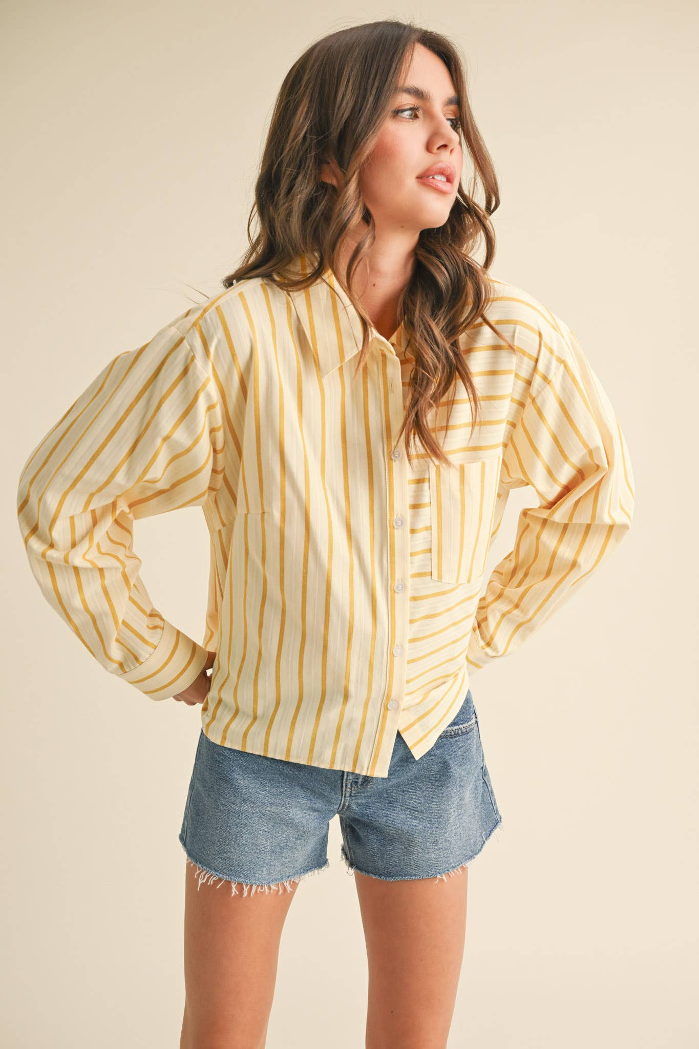 DAILY STRIPED COLLARED BUTTON DOWN TOP - CUSTARD STRIPE
