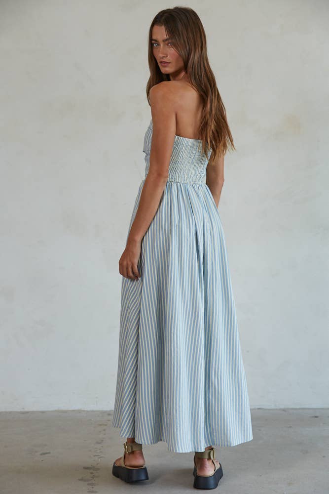 L6998 | Striped Tube Neck Strapless Flare Maxi Dress: Dusty Blue / S