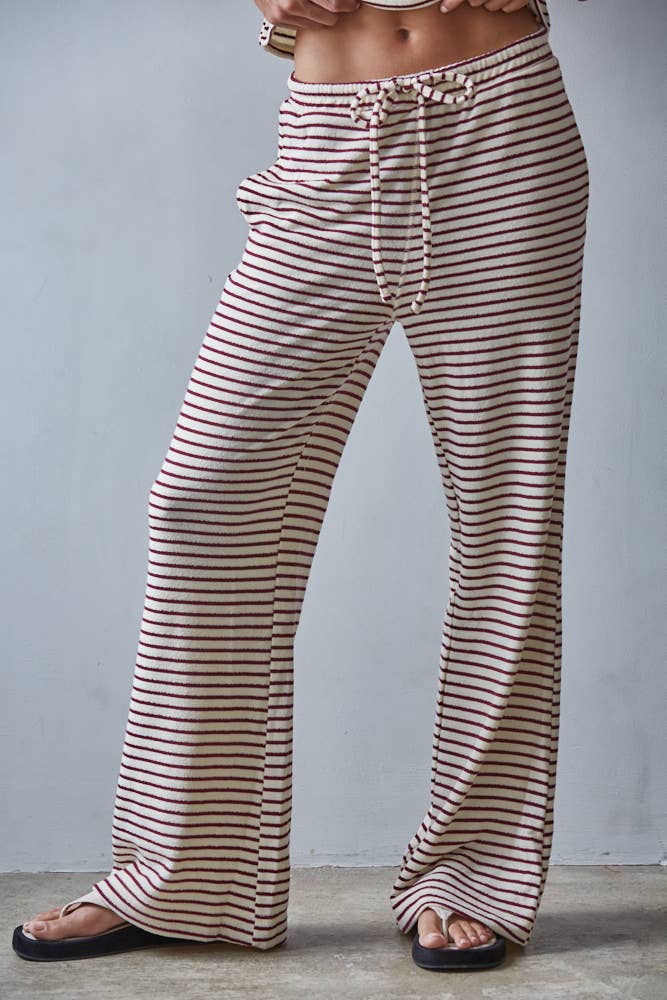 L8945B | Knit Polyester Cotton Striped Flare Pants: Grey Blue / M