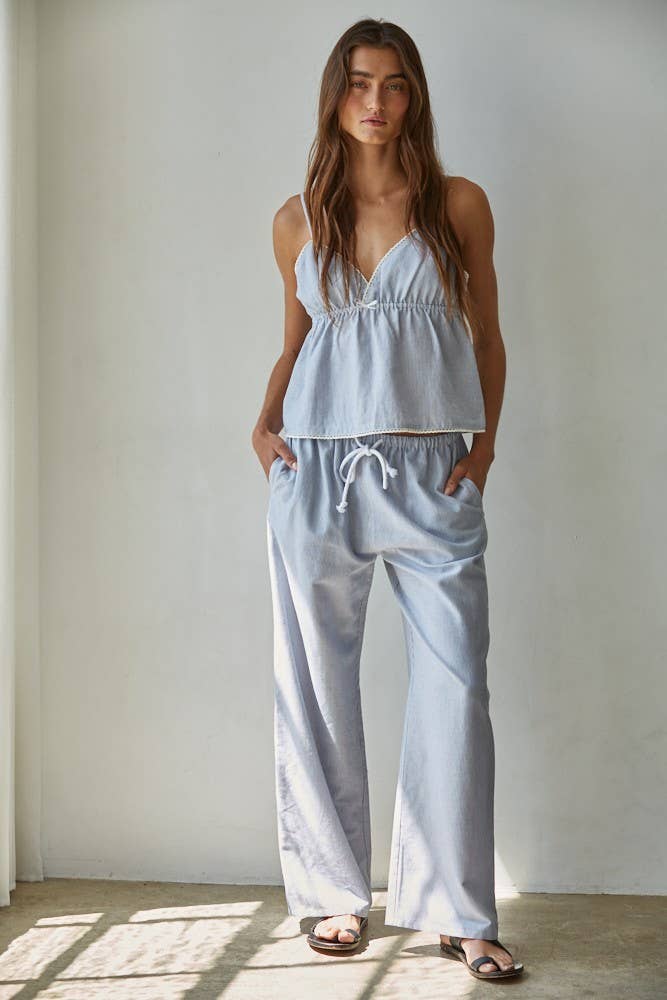 Woven Cotton Linen Striped Cami Top : Blue White