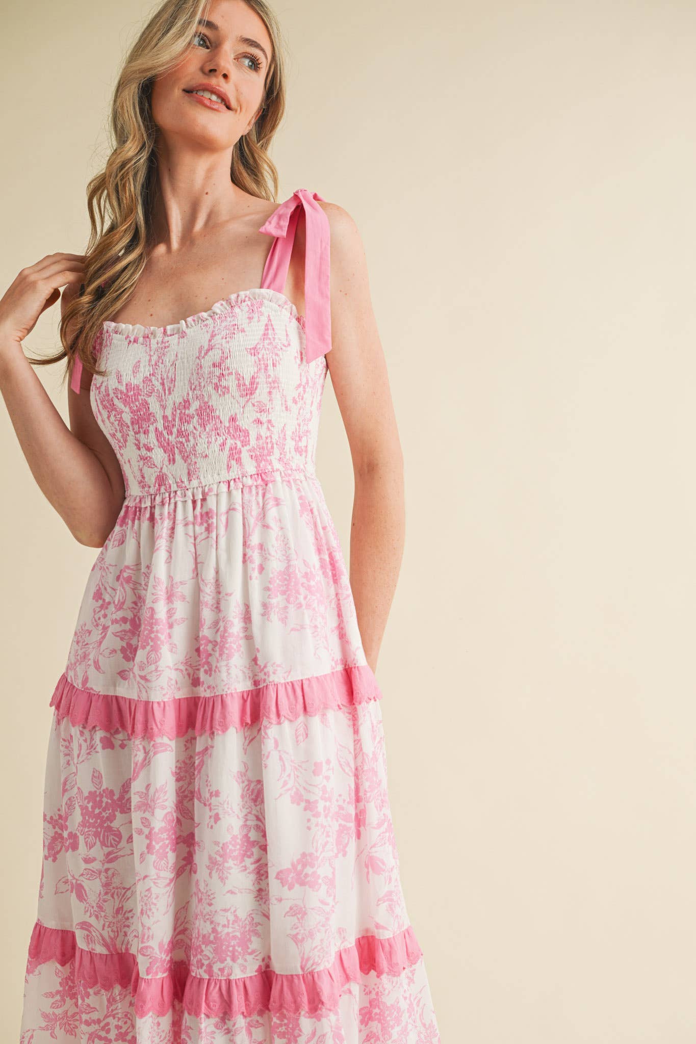 PINK FLORAL TIERED SCALLOP TRIM DRESS