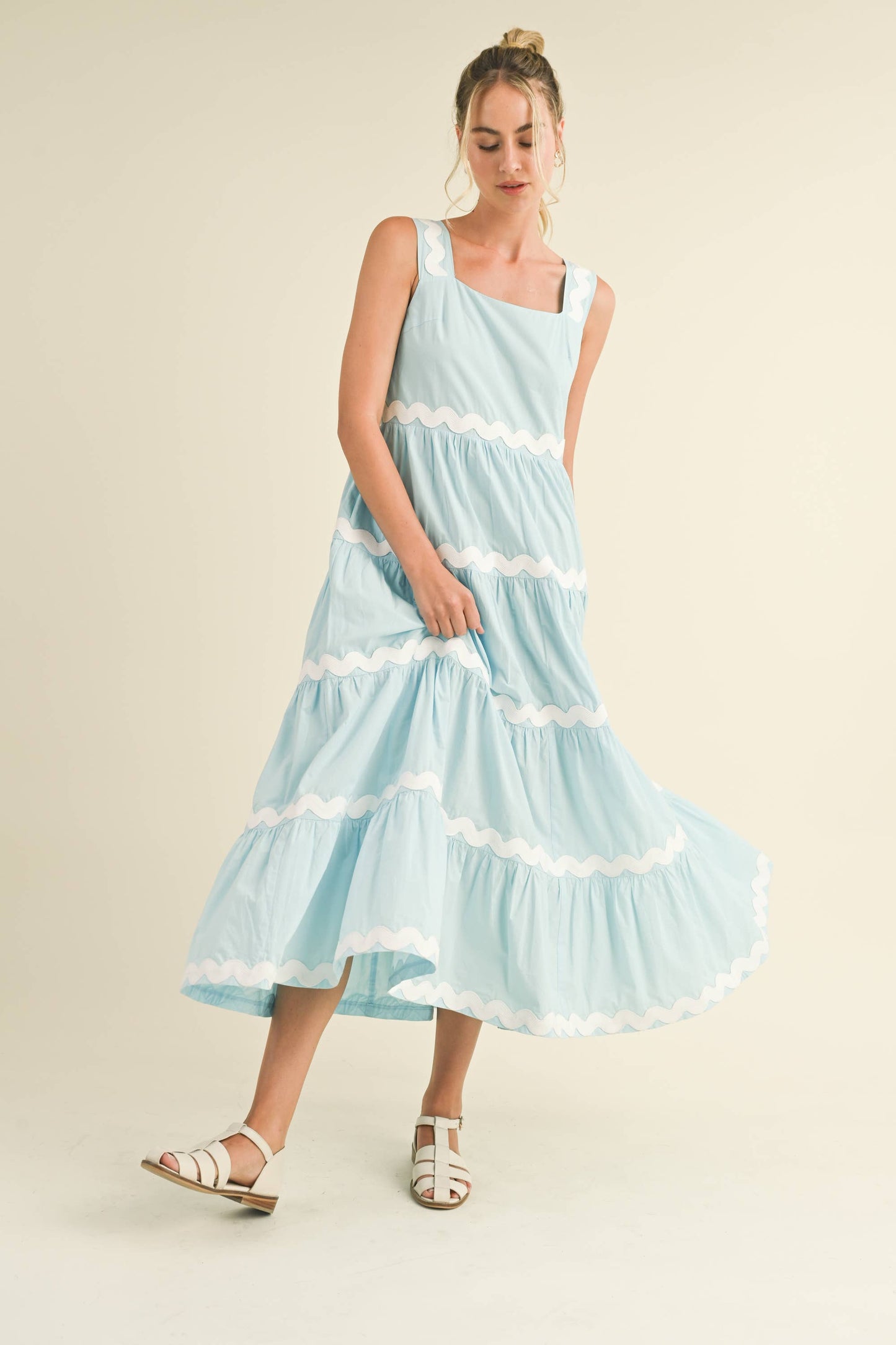 TIERED RIC RAC TRIM MIDI DRESS Sky Blue