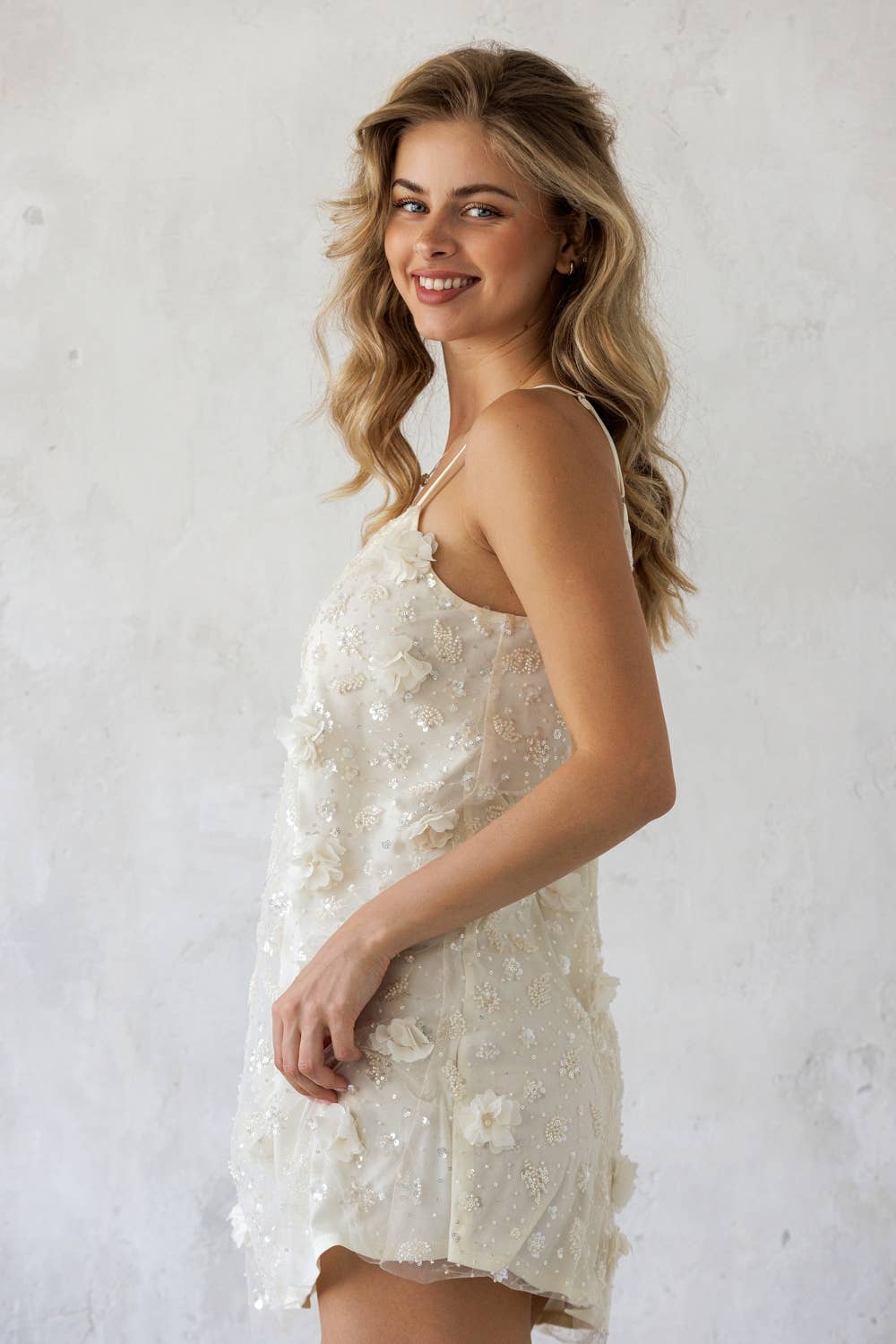 MERMAID SEQUIN EMBELLISHED SLIP DRESS: IVORY CREAM