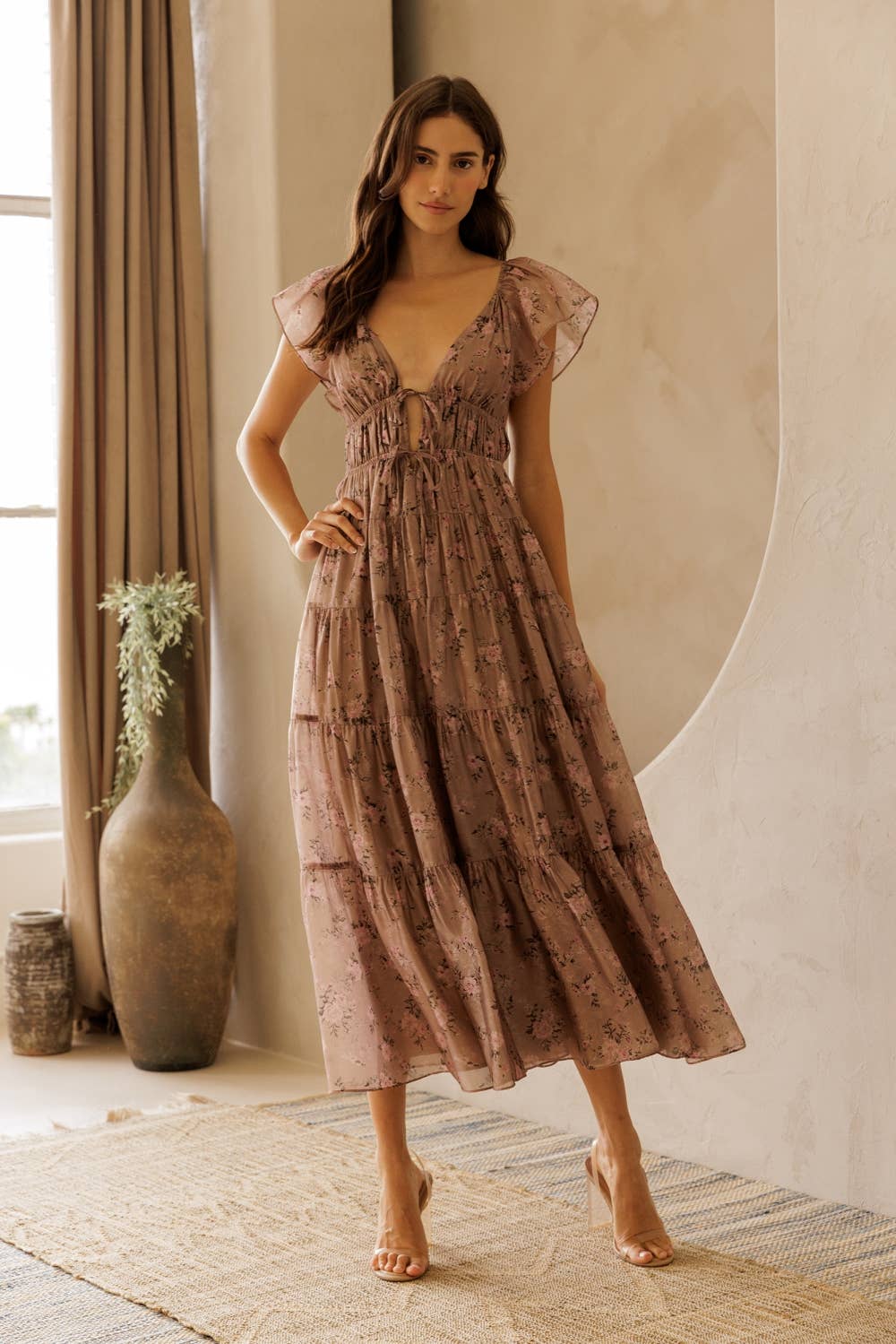 LANA FLORAL TIE FRONT TIERED MIDI DRESS: MAUVE FLORAL
