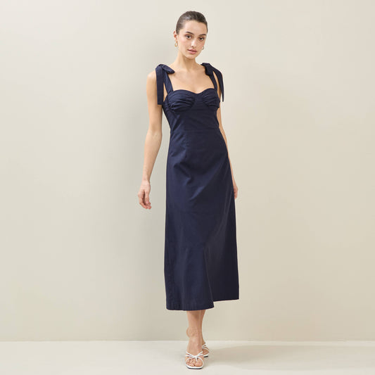 Bow Shoulder Linen-blend Dress: Navy