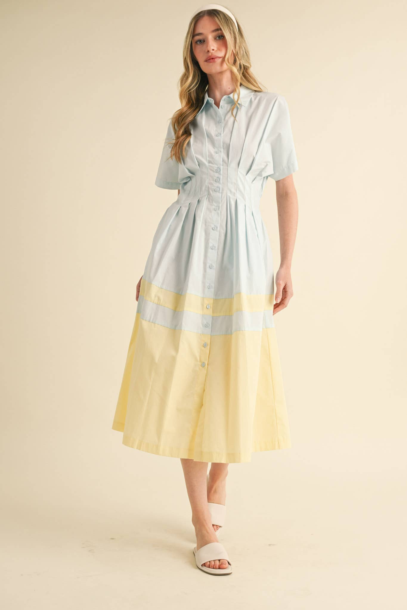 THE BEST HOSTESS BUTTON DOWN PLEATED WAIST COLOR BLOCK DRESS
