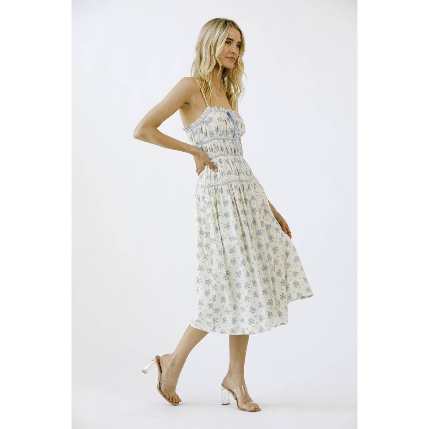 FLORAL PRINT AND CONTRAST LINING MIDI DRESS: IVORY/BLUE FLORAL