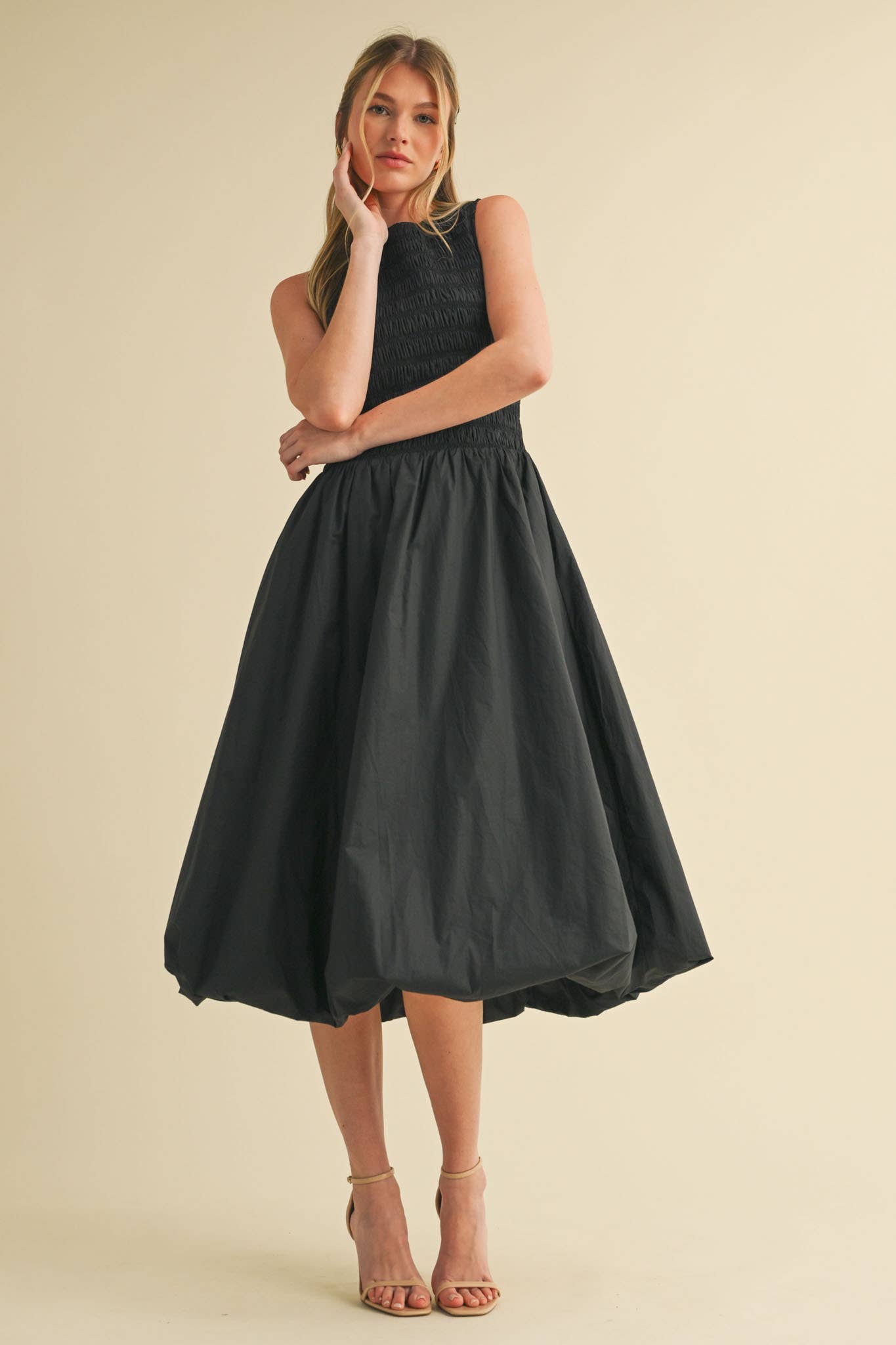 SMOCKED BUBBLE HEM MIDI DRESS MARINE BLUE