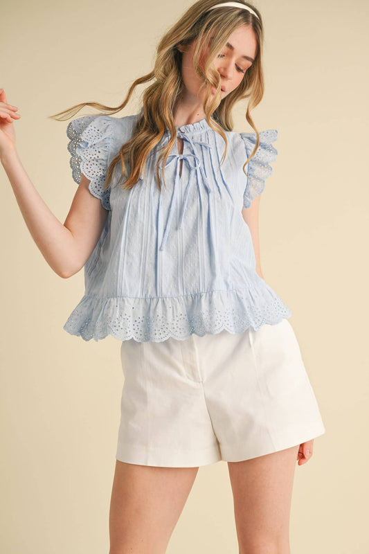 EYELET LACE TRIM TOP - Pale Blue