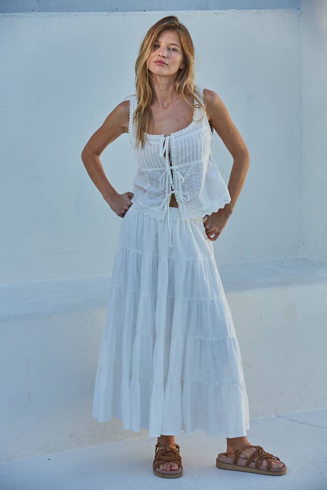 The Isabel Front Tie Woven Cotton Eyelet Square Neck Sleeveless Top - White