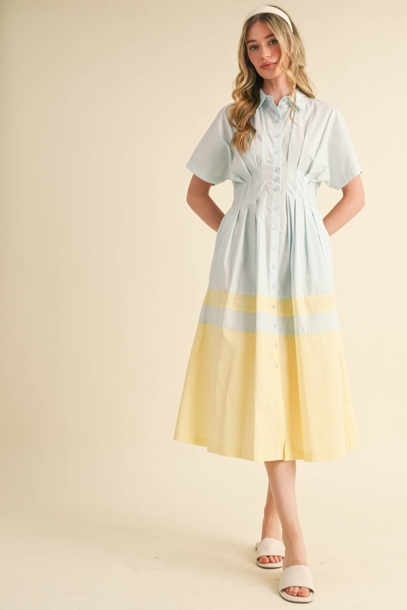 THE BEST HOSTESS BUTTON DOWN PLEATED WAIST COLOR BLOCK DRESS