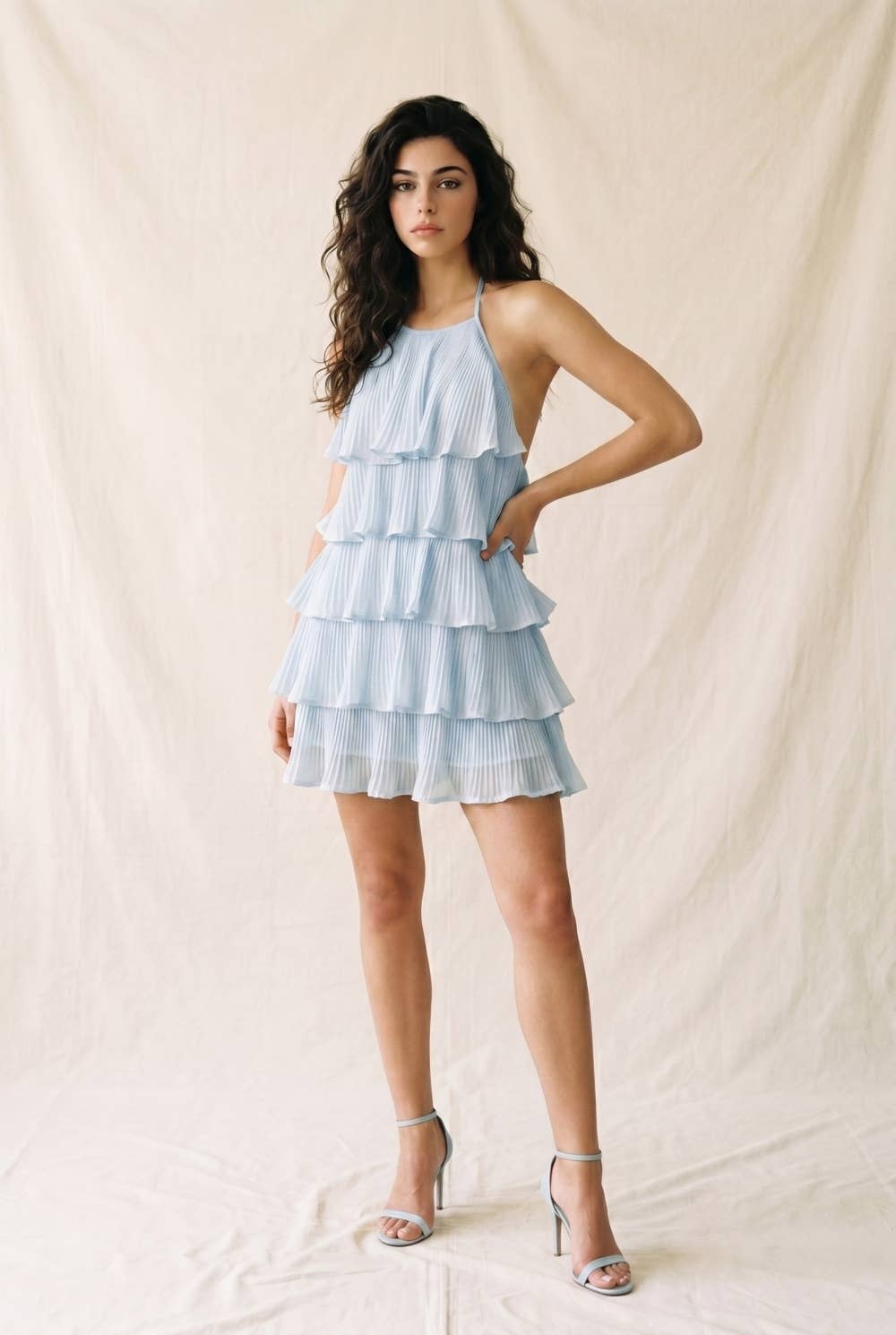 Pleated Tiered Ruffle Halter Mini Dress: BUTTER YELLOW / M