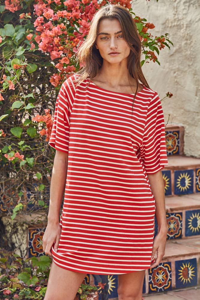 PERFECT T-SHIRT DRESS - Cotton Striped Short Sleeve Round Neck Mini: Red Ivory