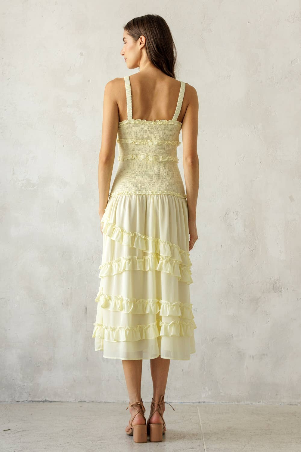 SONG BIRD YELLOW SMOCKED RUFFLE MIDI DRESS