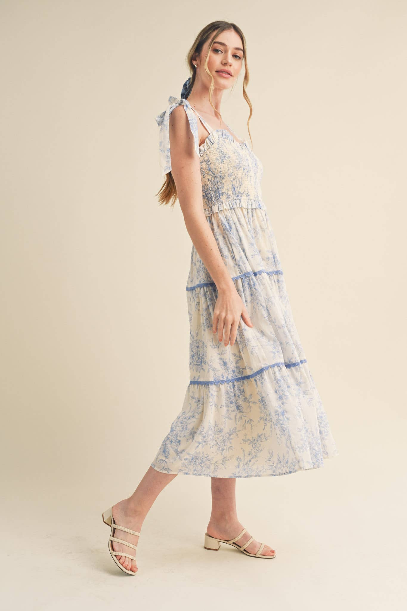 TOILE TIERED LACE TRIM FLORAL MIDI DRESS - OFF WHITE CHARCOAL