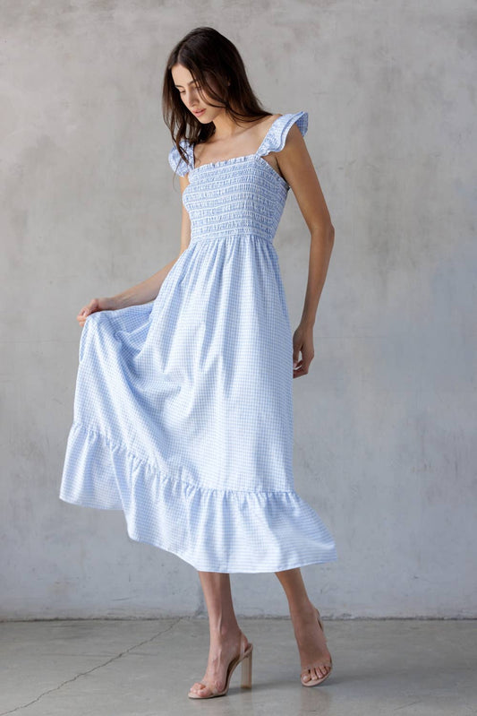 BLUE WHITE CHECKERED SMOCKED DRESS