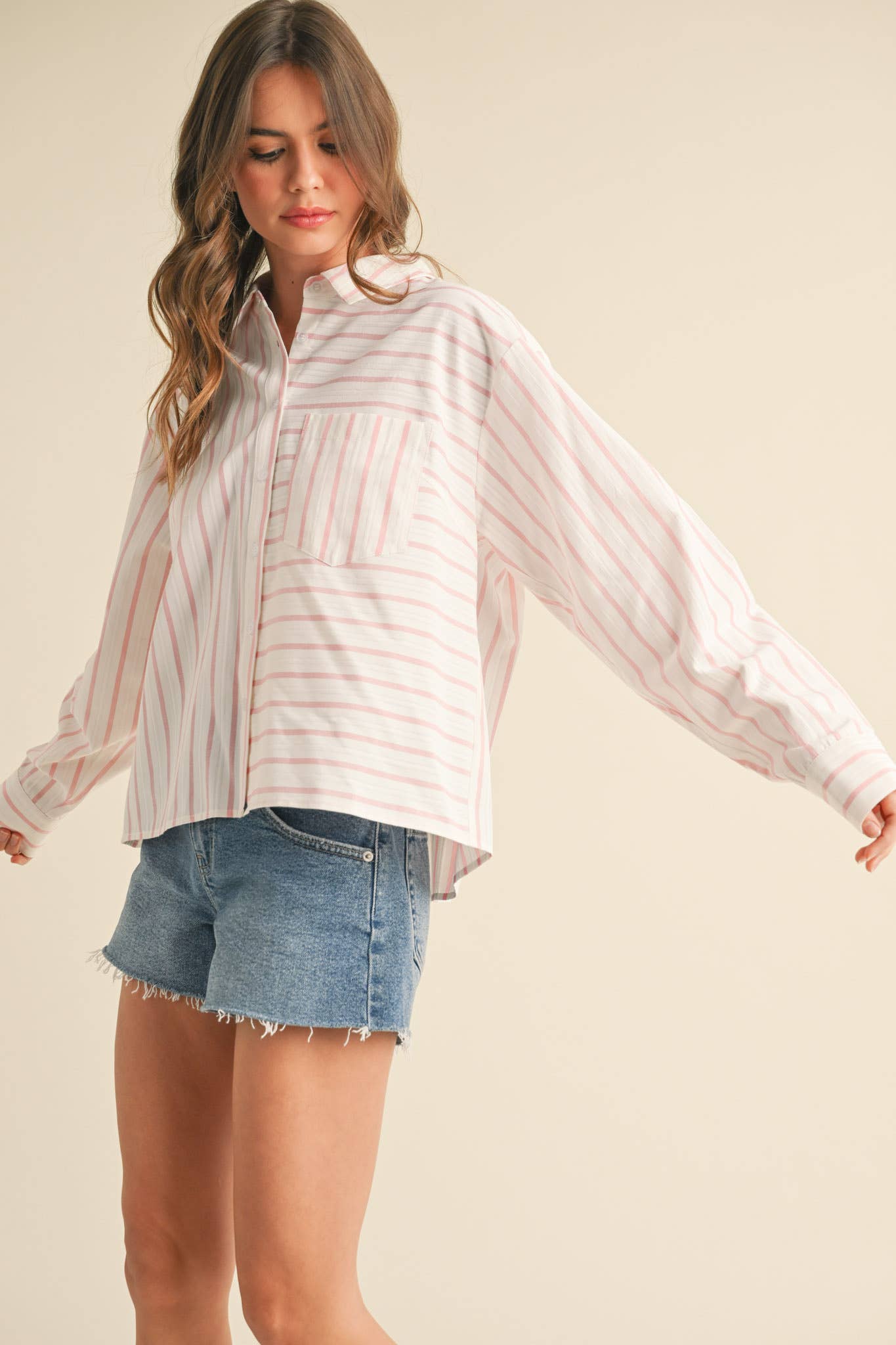 DAILY STRIPED COLLARED BUTTON DOWN TOP - CUSTARD STRIPE