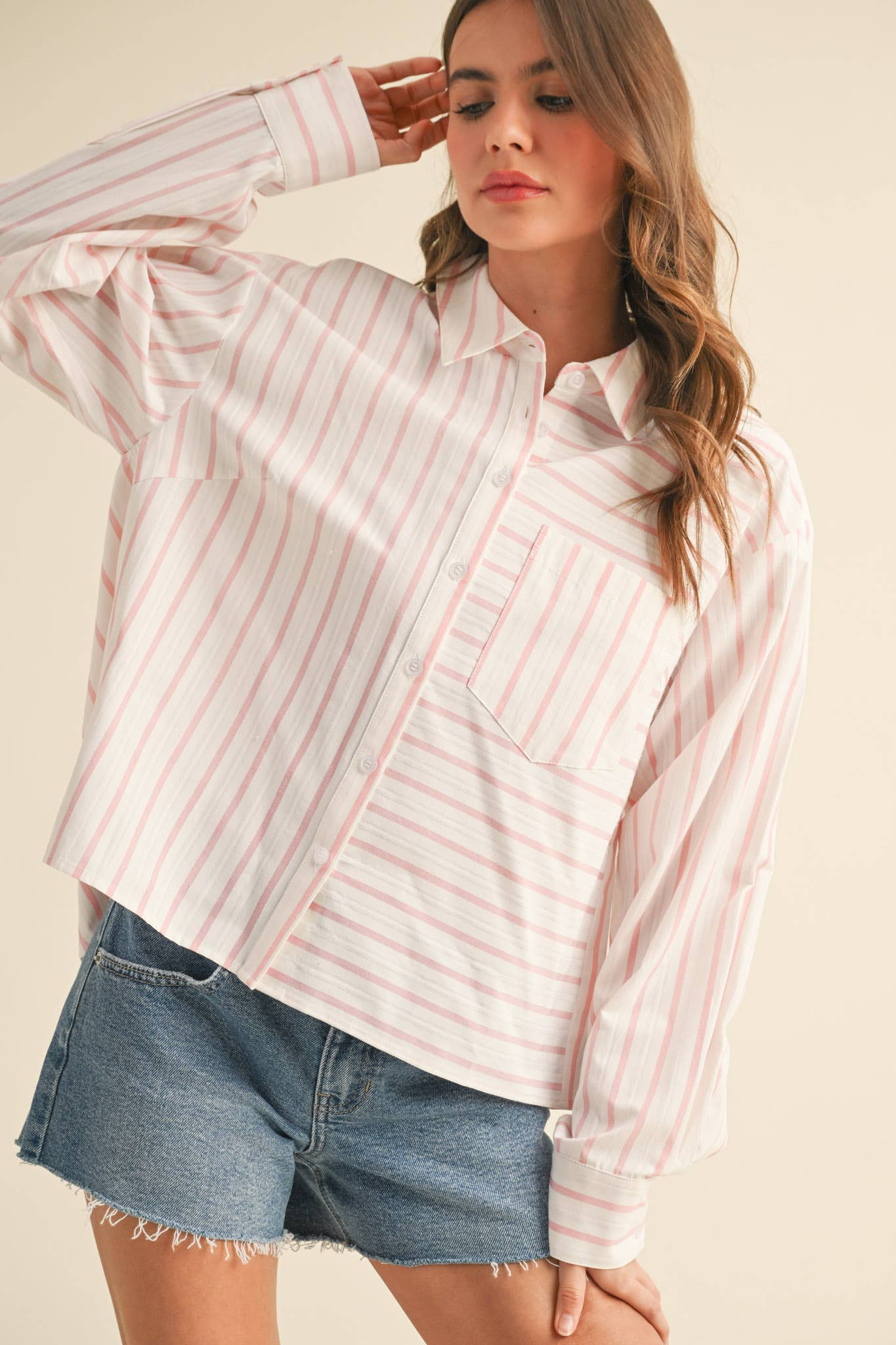 DAILY STRIPED COLLARED BUTTON DOWN TOP - CUSTARD STRIPE