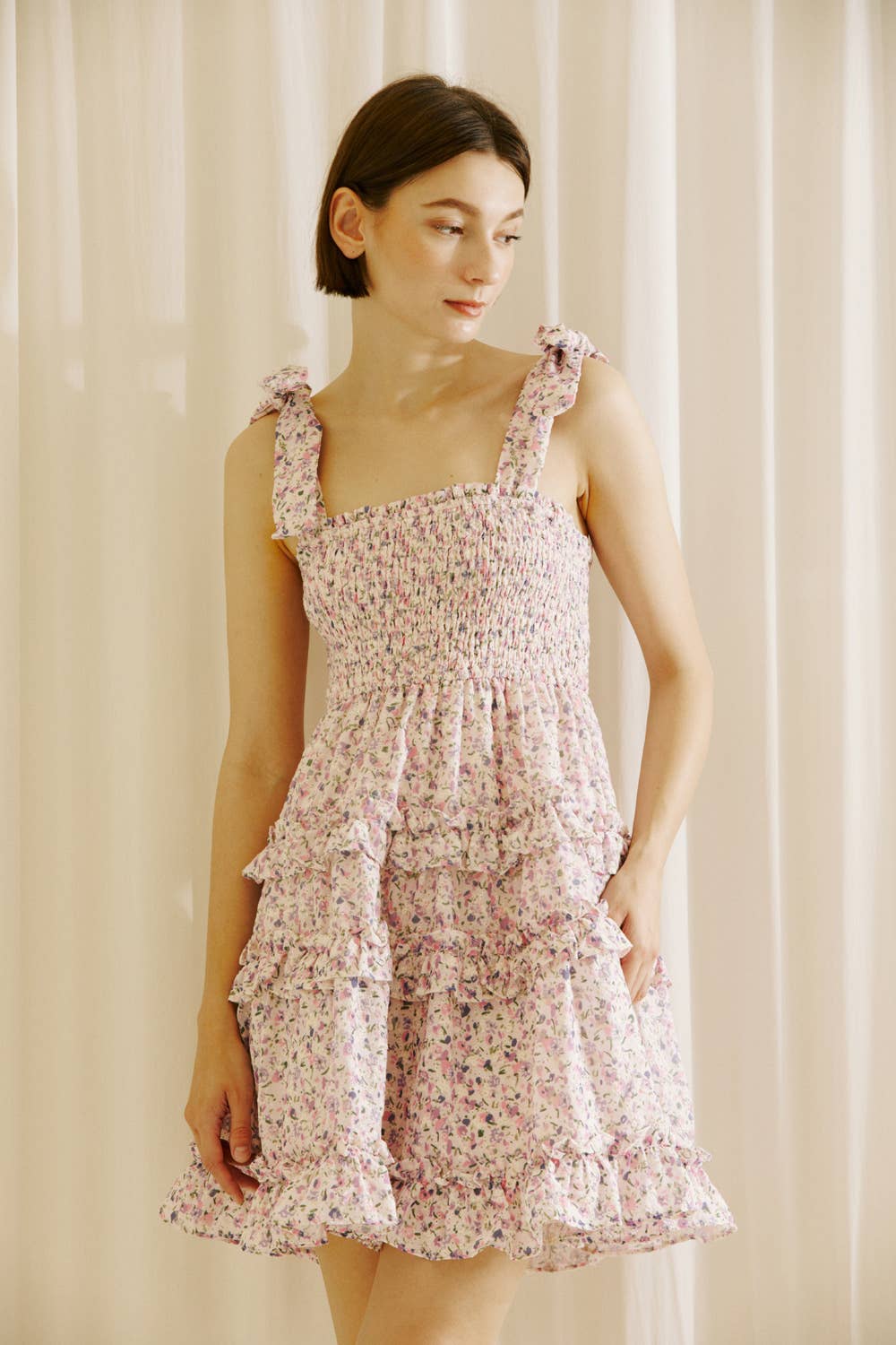 PARK GIRL FLORAL RUFFLED MINI DRESS: Lavender Floral / S