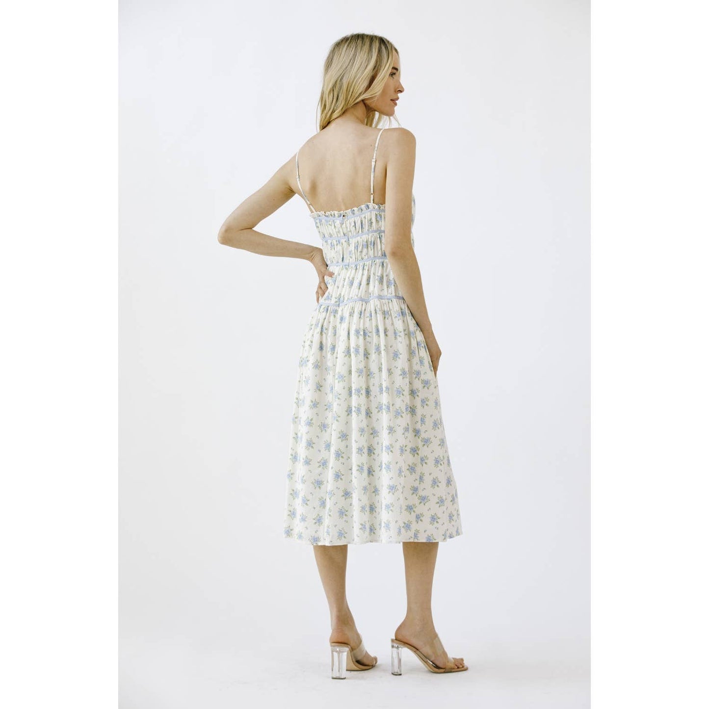 FLORAL PRINT AND CONTRAST LINING MIDI DRESS: IVORY/BLUE FLORAL