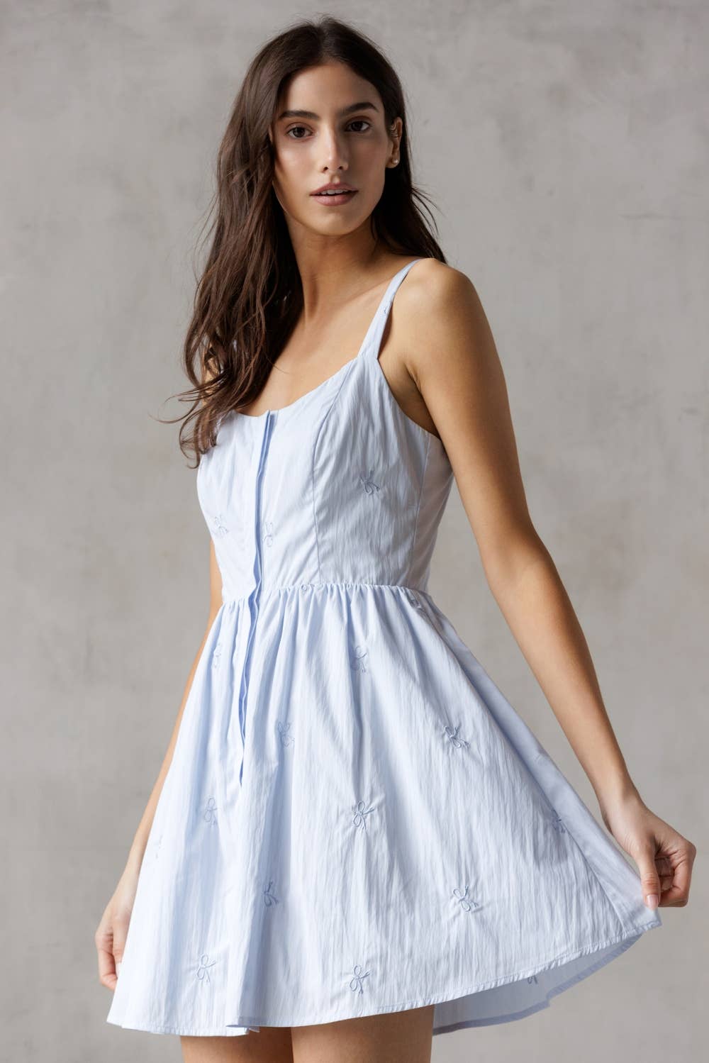 BABY BLUE BOW EMBROIDERY MINI DRESS: BABY BLUE