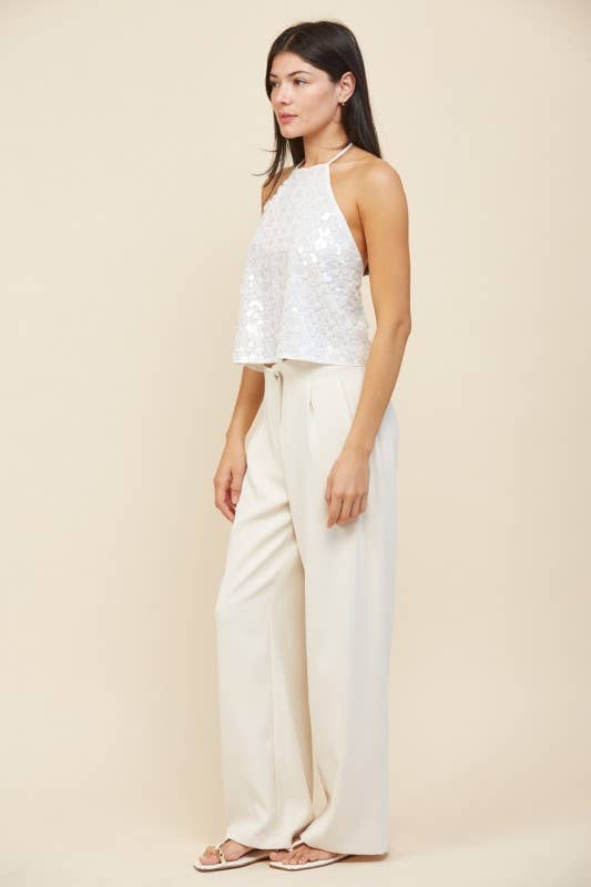 IT GIRL Floral Sequin Halter Backless Top: WHITE