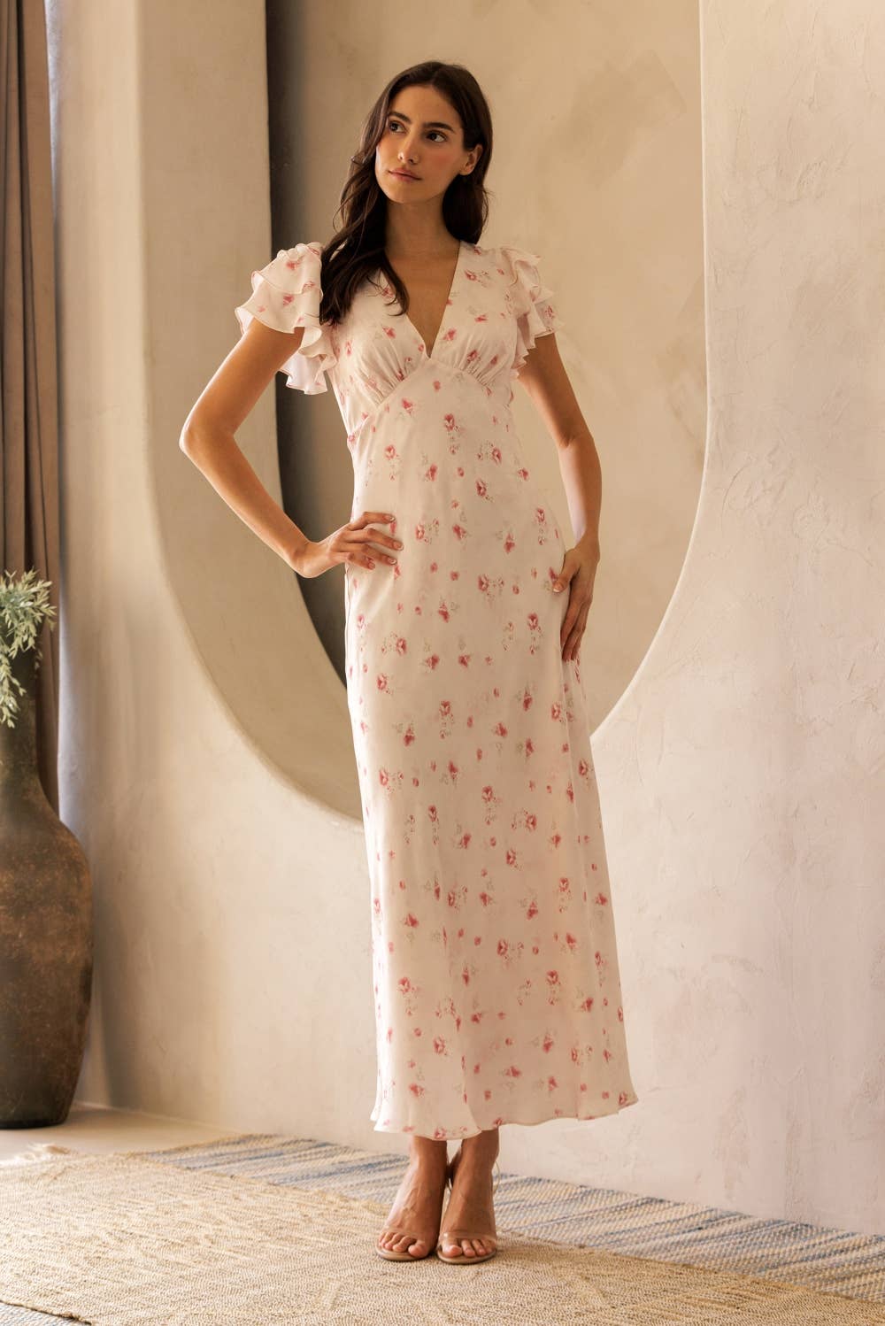 LANA FLORAL V-NECK MIDI DRESS: PINK FLORAL