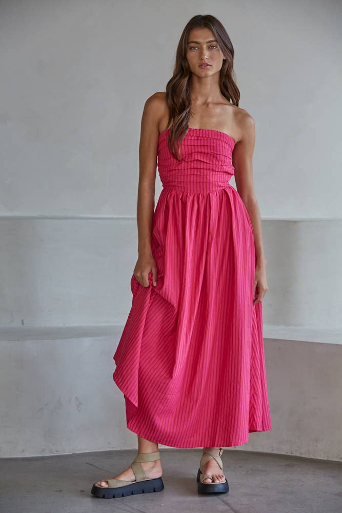 L6998 | Striped Tube Neck Strapless Flare Maxi Dress: Dusty Blue / S