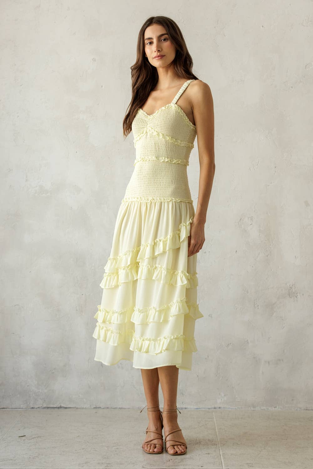 SONG BIRD YELLOW SMOCKED RUFFLE MIDI DRESS