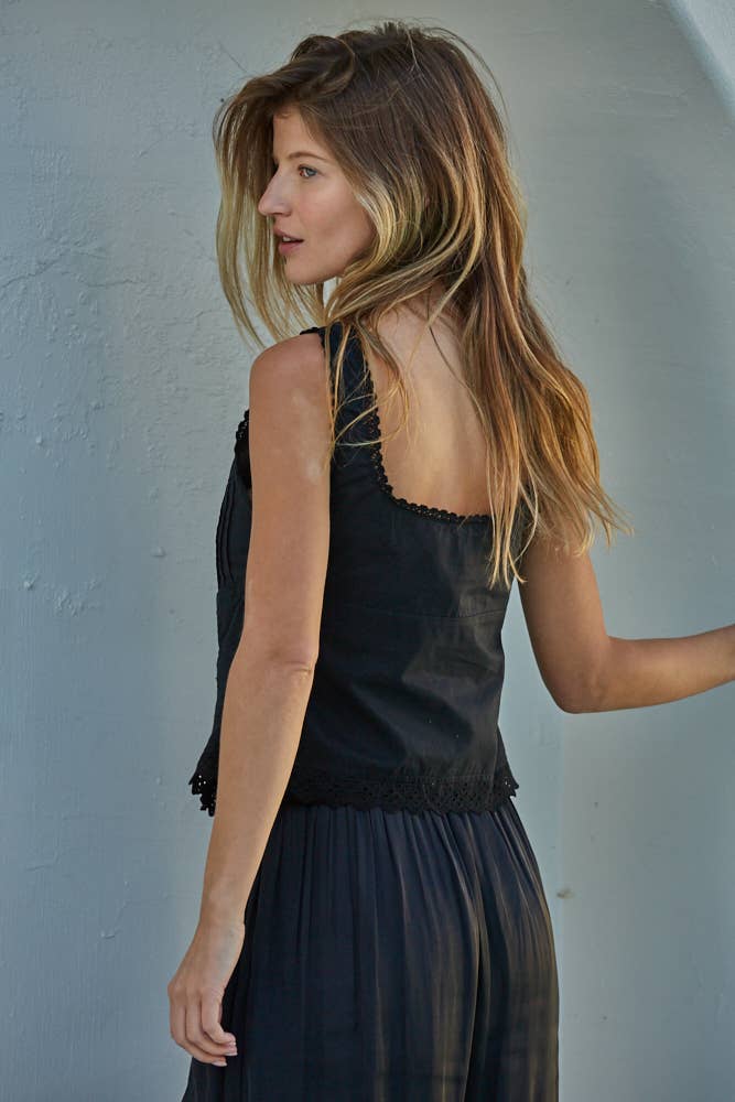 The Isabel Front Tie Woven Cotton Eyelet Square Neck Sleeveless Top - White