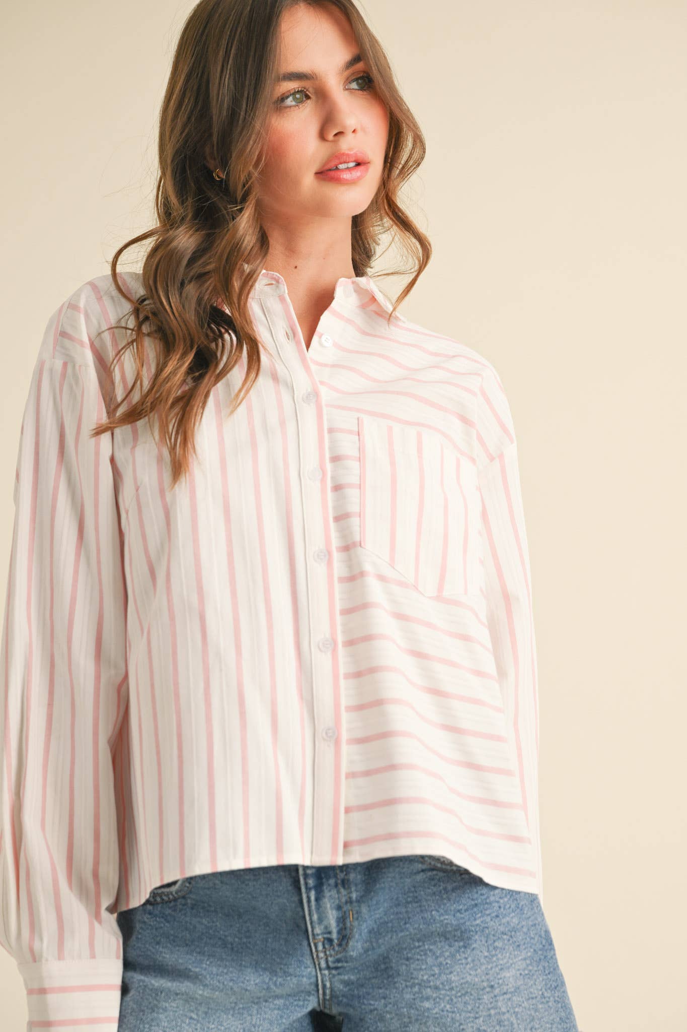 DAILY STRIPED COLLARED BUTTON DOWN TOP - CUSTARD STRIPE