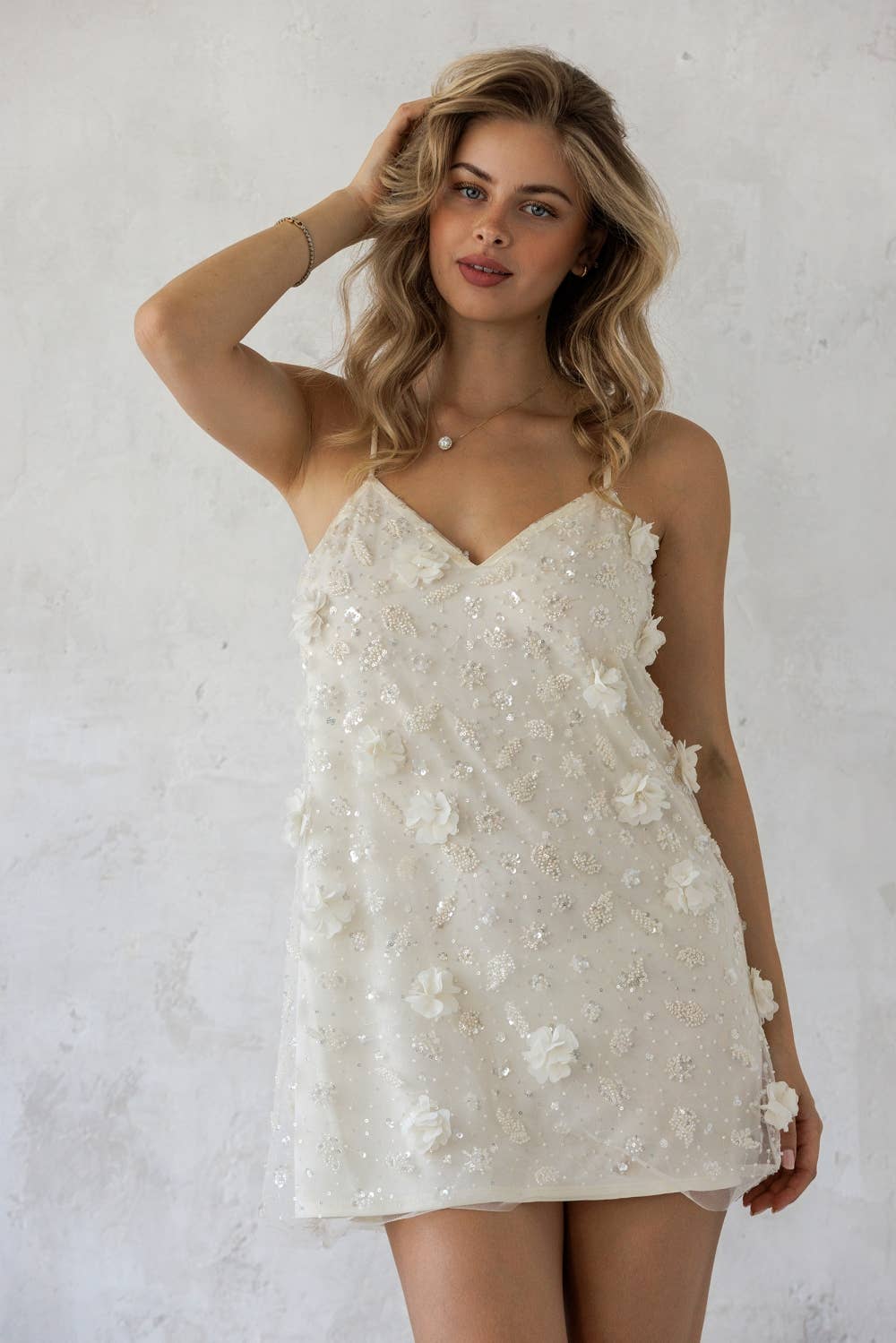 MERMAID SEQUIN EMBELLISHED SLIP DRESS: IVORY CREAM