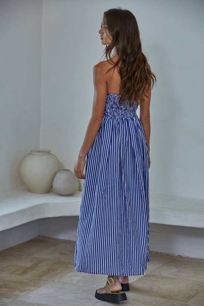 L6998 | Striped Tube Neck Strapless Flare Maxi Dress: Dusty Blue / S
