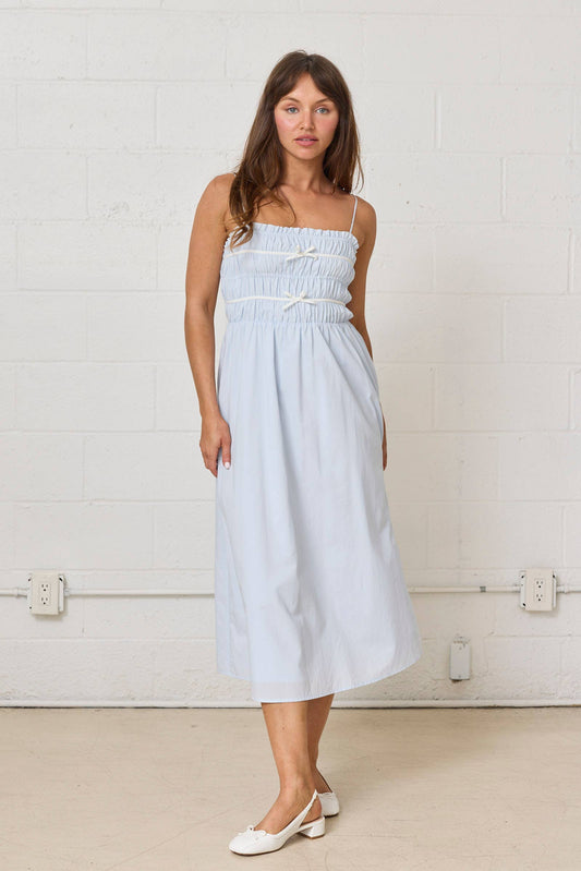 Scarlet Smocked Bow Trim Midi Dress: Blue/White