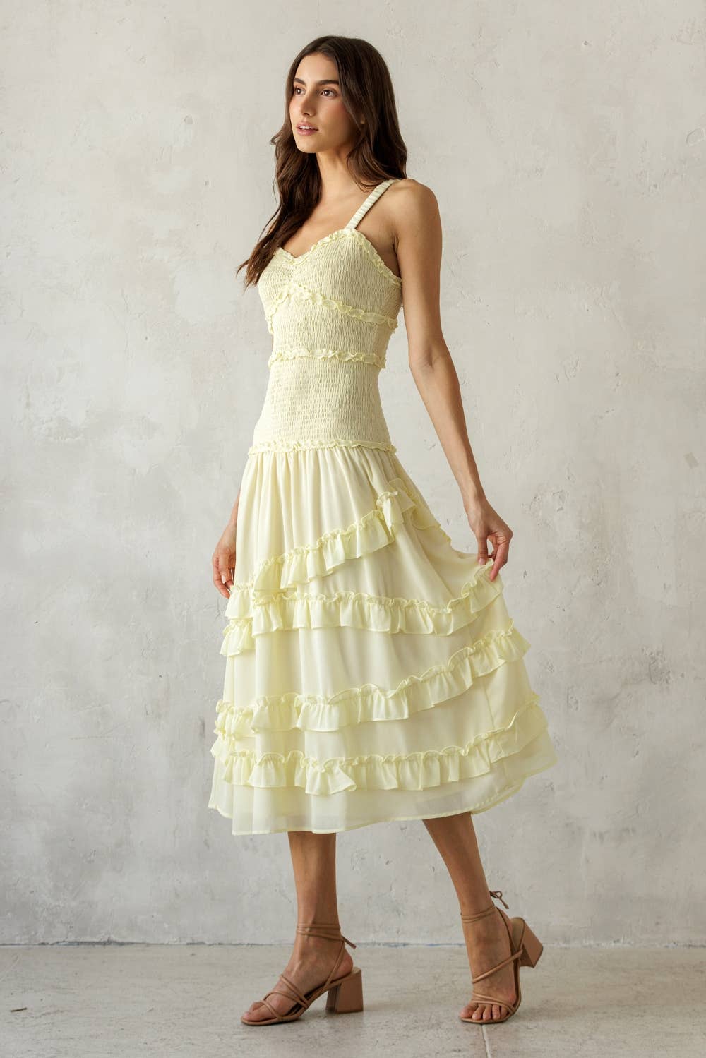 SONG BIRD YELLOW SMOCKED RUFFLE MIDI DRESS