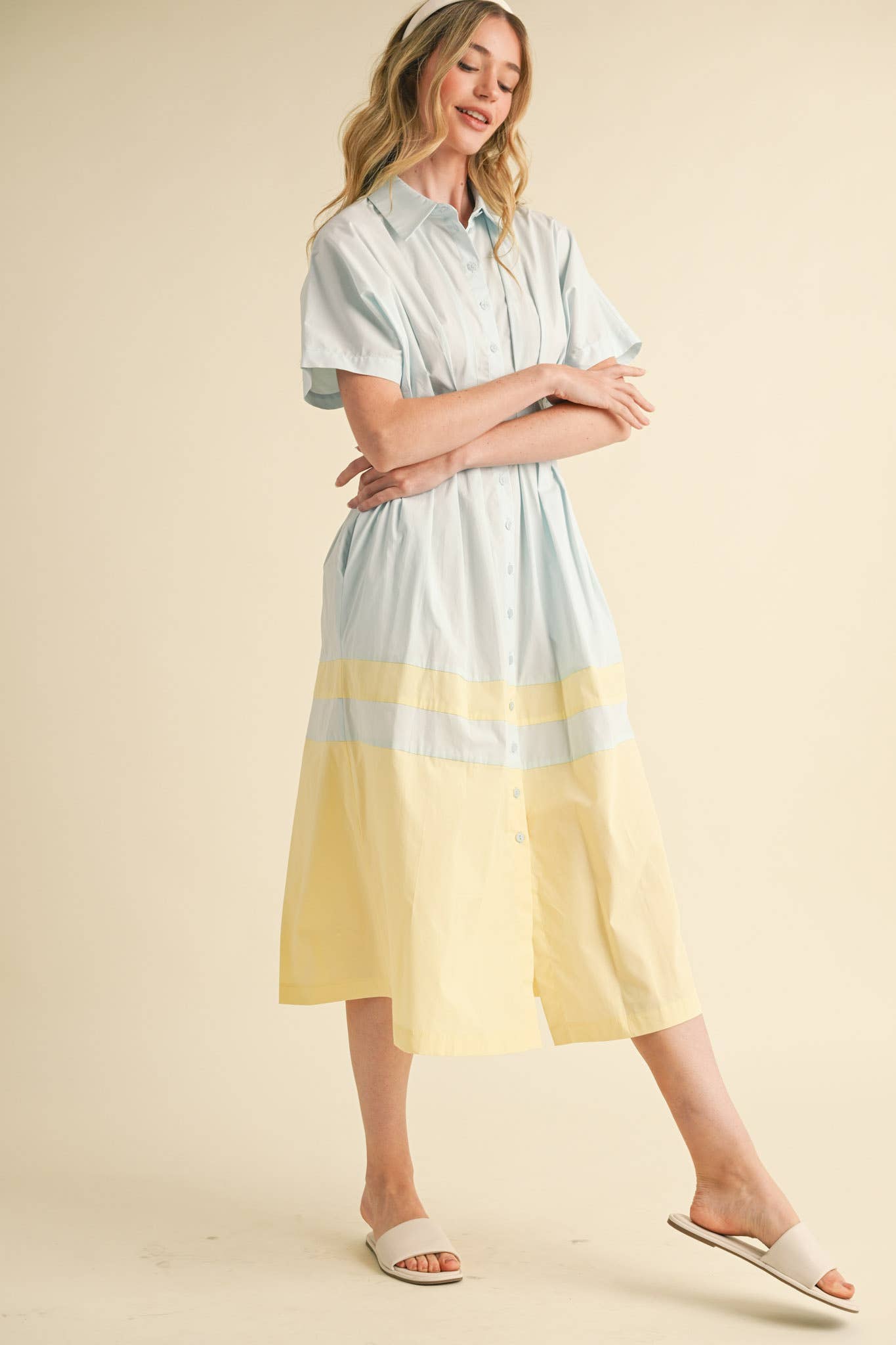 THE BEST HOSTESS BUTTON DOWN PLEATED WAIST COLOR BLOCK DRESS